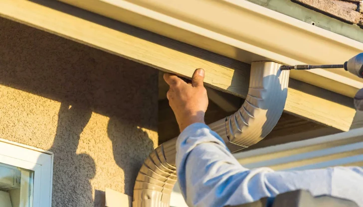 A person installs a curved gutter under a house eave using a power drill.