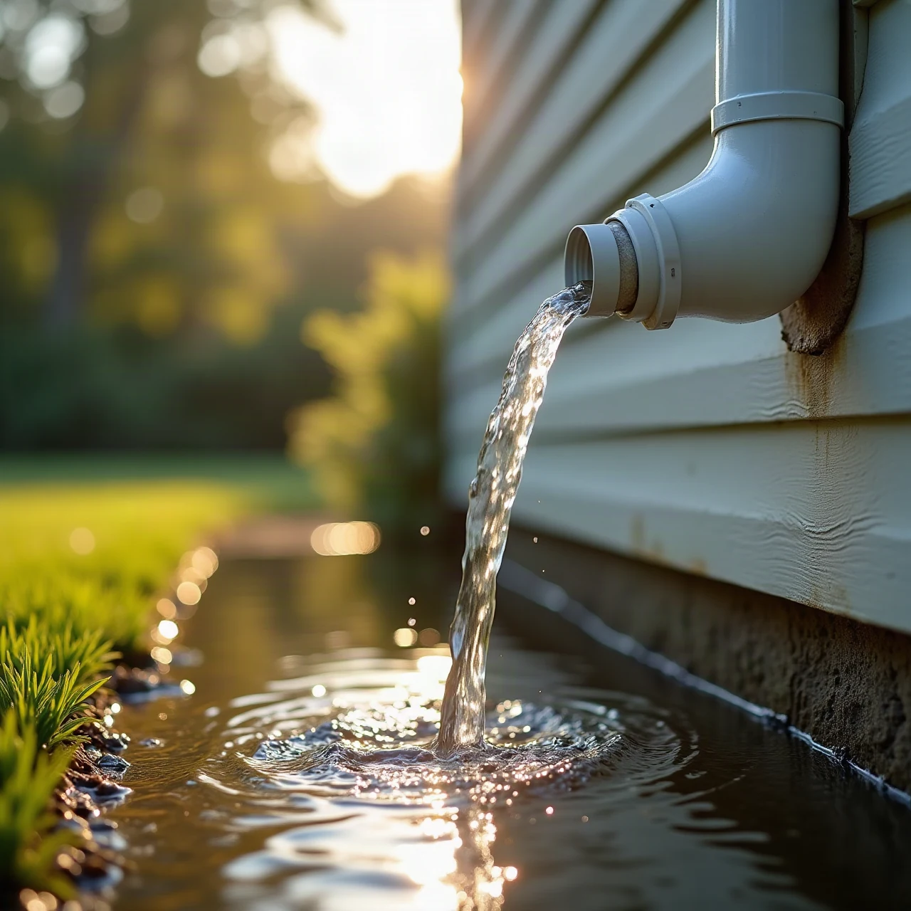 Close sunlit photograph of clear water pouring out of a white downspout outlet onto a splash block beside a house foundation, droplets, shallow depth of field, 