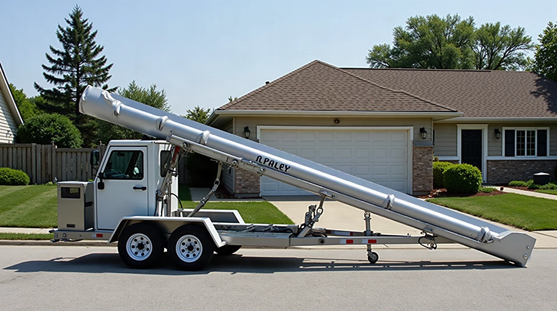 Photograph of a portable seamless gutter roll-forming machine on a work trailer in a residential driveway, a long continuous aluminum gutter coming out of it, c