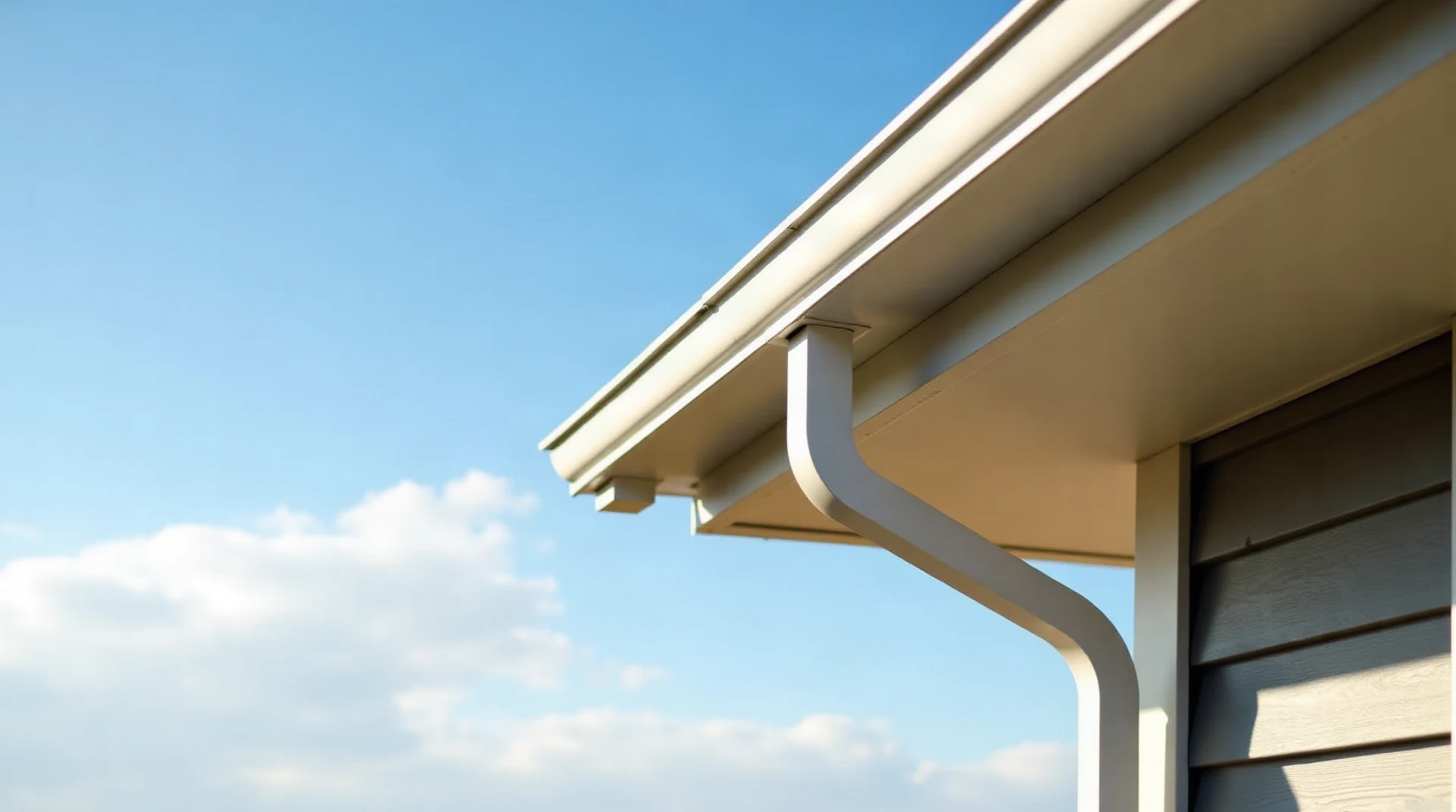 Low angle photograph of a new white seamless aluminum K-style rain gutter and downspout on a modern Montana ranch house eave, wide open blue big sky with soft c