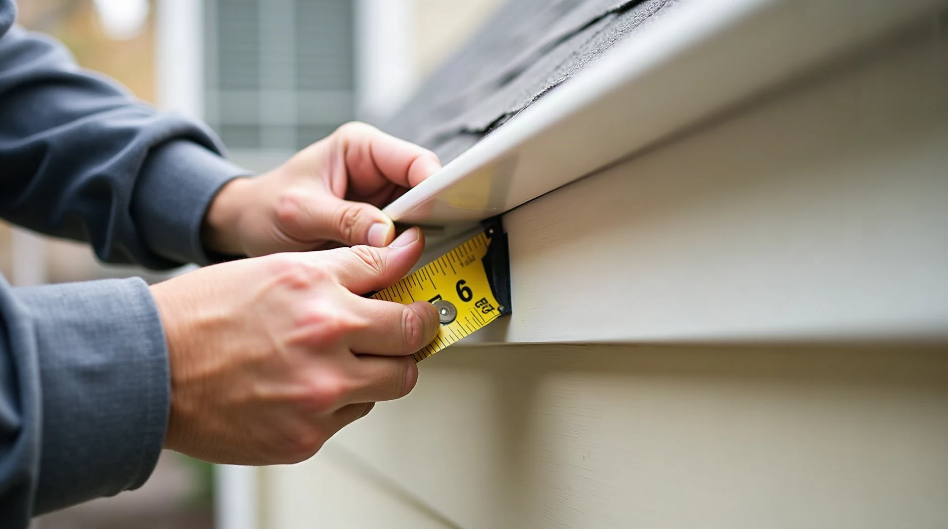 Photograph of a gutter installer's hands holding a tape measure along a house fascia board under the roof edge, daylight, realistic, no text