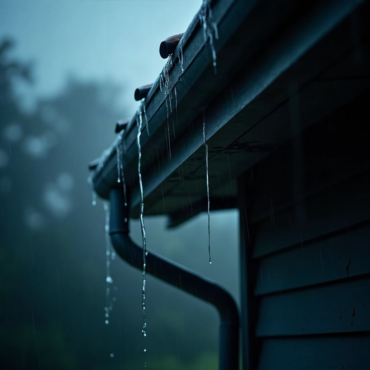 Close photograph of an old overflowing house rain gutter in heavy rain, water spilling over the gutter lip down dark siding, moody cool blue light, dramatic, re